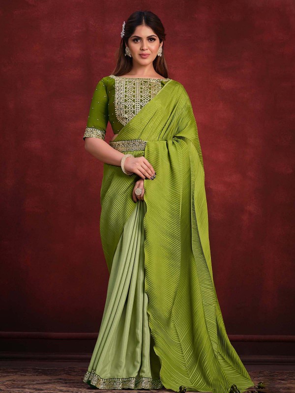 Shaded Green Crepe Georgette Silk Saree With Stitched Blouse